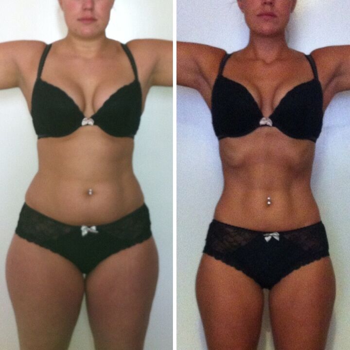 O resultado de uma garota perder peso em uma semana com a ajuda de dieta e exercícios